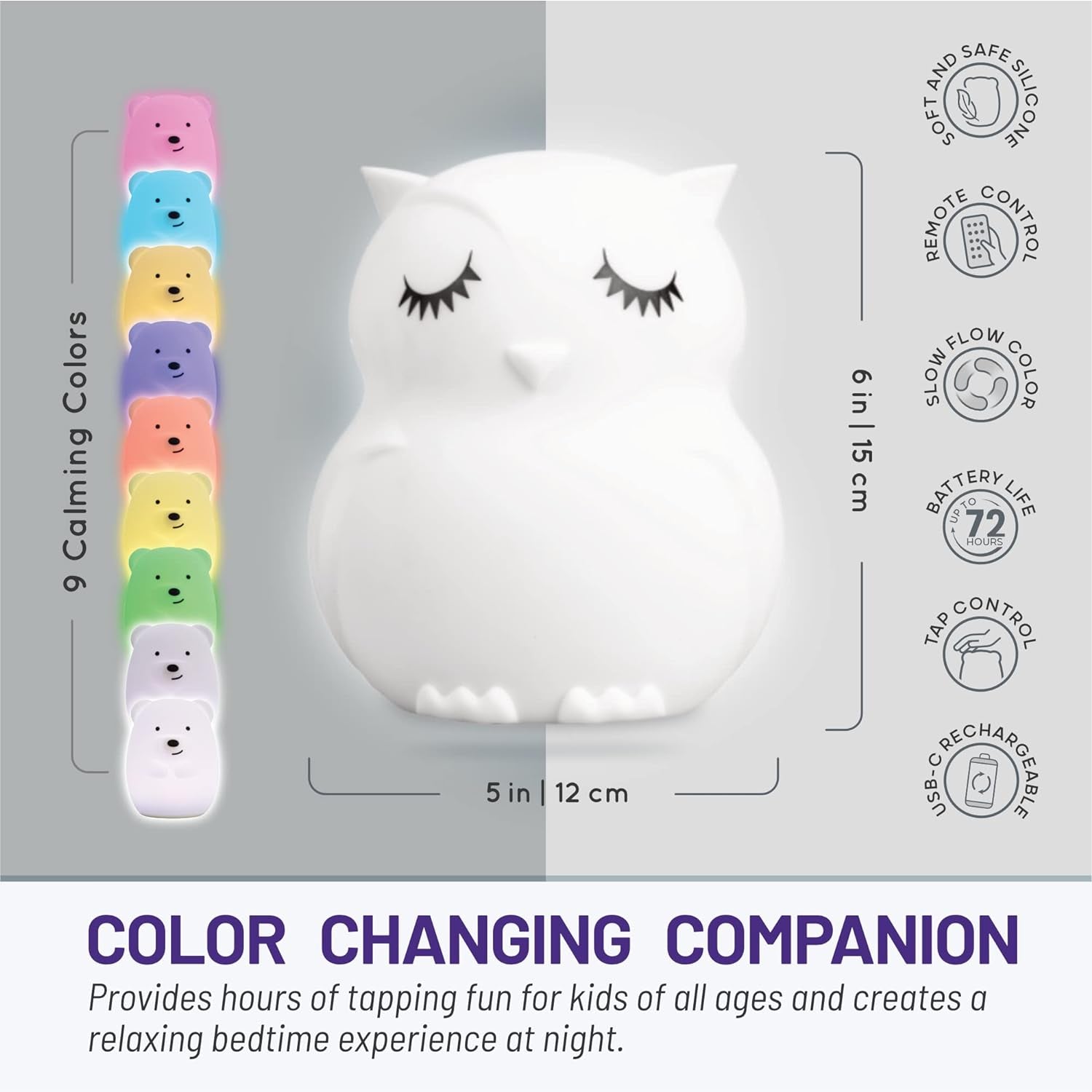 Remote Control Silicone Night Light for Kids - Owl Design with 9 Soft Colors & Sleep Timer - Rechargeable, Battery-Operated Lamp for Bedroom | Baby Nursery, Toddler, Girls, Boys