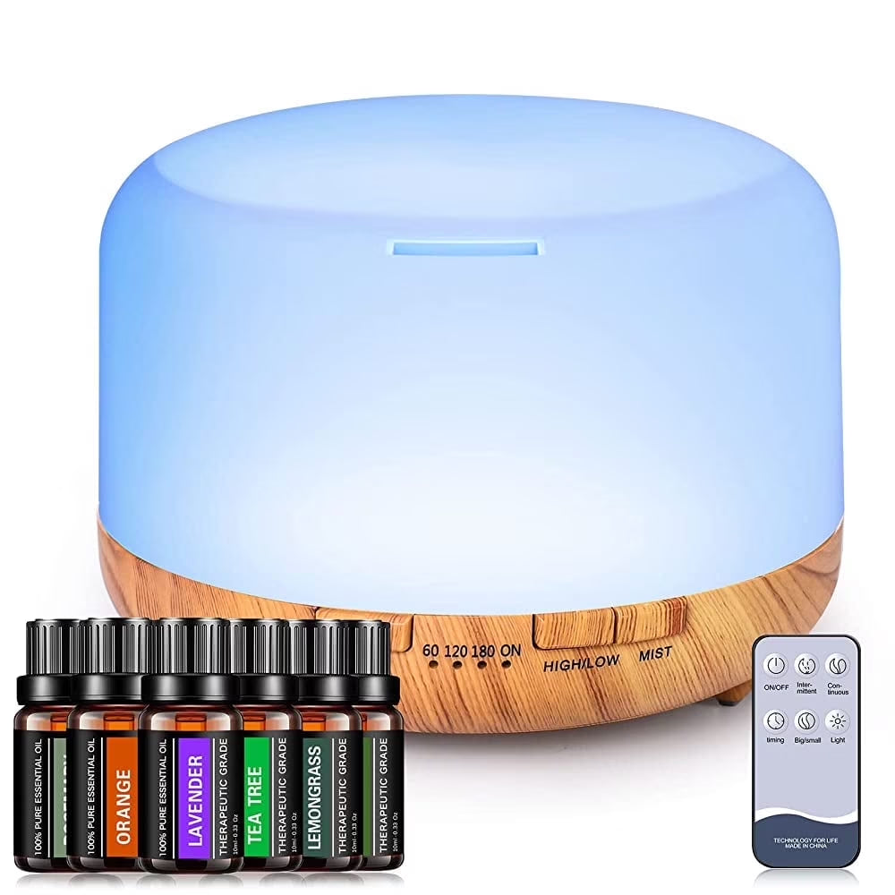 500Ml Essential Oil Diffuser with 6*10Ml Essential Oils Set, Flower Aromatherapy Diffusers with Remote Control, Oil Air Humidifier Vaporizer for Large Room Bedroom Office